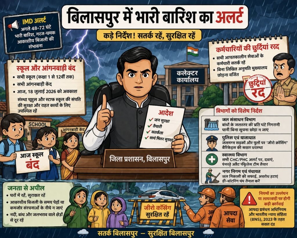 बिलासपुर में भारी बारिश का अलर्ट ..कलेक्टर ने स्कूल-आंगनबाड़ी बंद करने के दिए आदेश